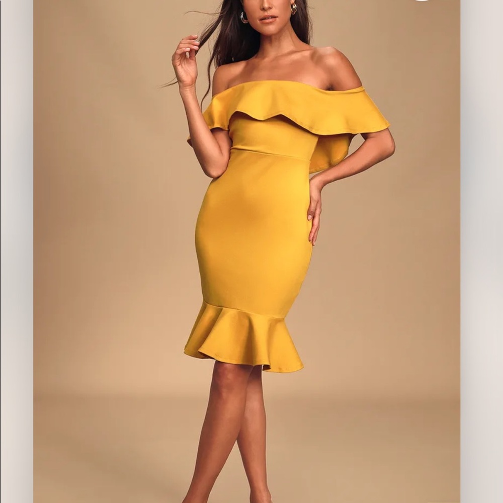 Mustard Yellow Off the Shoulder Cocktail Dress